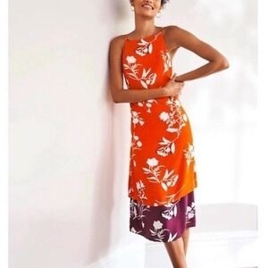 Ann Taylor Orange Floral Print Midi Dress Spaghetti Strap Women Size 4